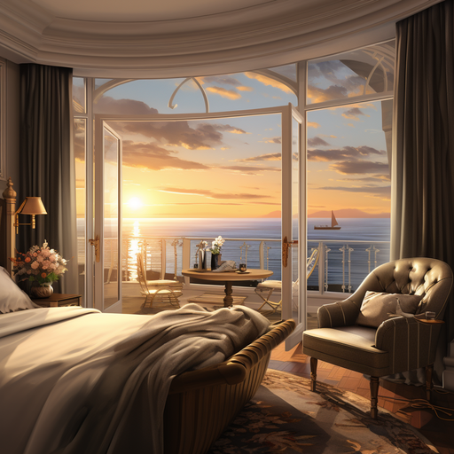 תמונה המציגה את חדרי המלון היוקרתיים המעוצבים באלגנטיות עם נוף מדהים לים.