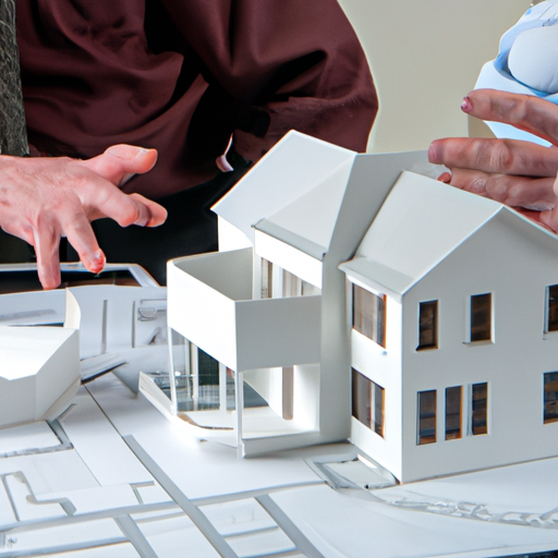 1. תמונה המציגה לקוח ואדריכל משוחחים על דגם בית, המסמלת את החשיבות של בחירת האדריכל הנכון.